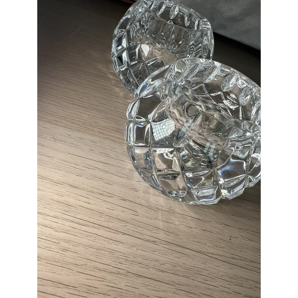 Crystal round reversible heavy diamond cut taper/tealight candle holder set of 2